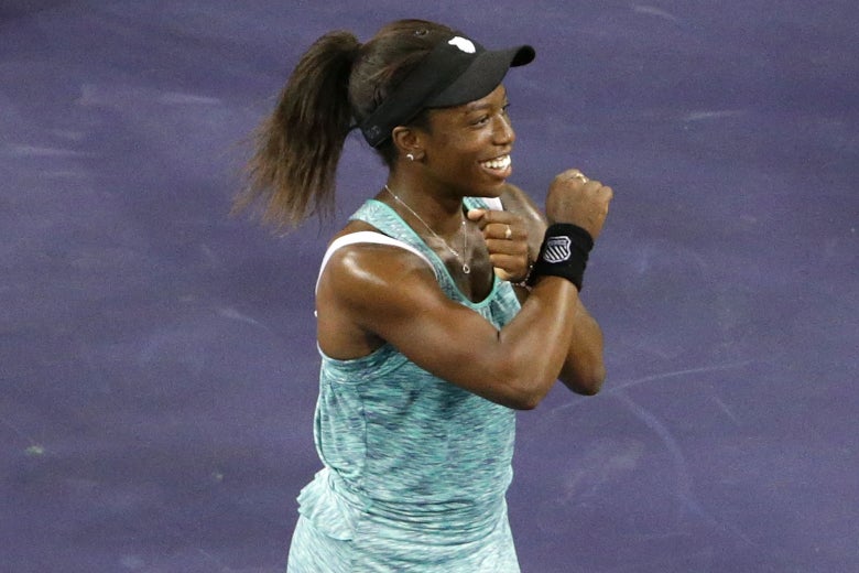 Sachia Victory does the Wakanda Forever salute after defeating Garbiñe Muguruza at the BNP Paribas Open on Friday.